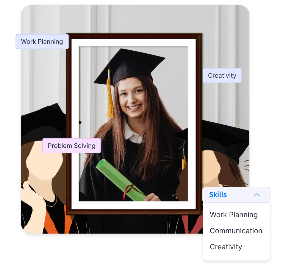 Young woman working on a laptop with three ProjectSet video cards displayed around her, showing skills-based learning videos.